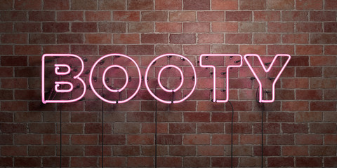 BOOTY - fluorescent Neon tube Sign on brickwork - Front view - 3D rendered royalty free stock picture. Can be used for online banner ads and direct mailers..