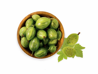 Gooseberry fruit isolated on white background. Gooseberry in ceramic bowl with copy space for text. Top view.
