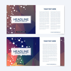 Templates for square brochure. Leaflet cover presentation. Business, science, technology design book layout. Scientific molecule background