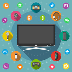 Smart tv flat design concept with technology and communication icons