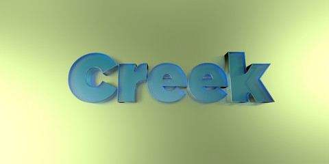 Creek - colorful glass text on vibrant background - 3D rendered royalty free stock image.