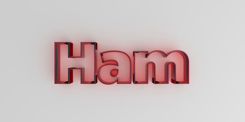 Ham - Red glass text on white background - 3D rendered royalty free stock image.