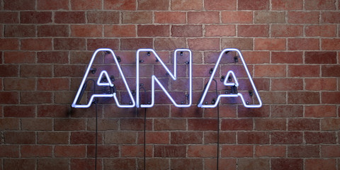 ANA - fluorescent Neon tube Sign on brickwork - Front view - 3D rendered royalty free stock picture. Can be used for online banner ads and direct mailers..