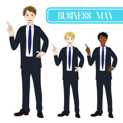 Fototapeta na wymiar Set Handsome Business Man Pointing Up. Full Body Vector Illustration. isolated on White Background