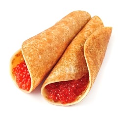 Pancakes with red caviar isolated on white backgrounds.
