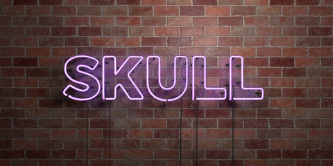 Fototapeta premium SKULL - fluorescent Neon tube Sign on brickwork - Front view - 3D rendered royalty free stock picture. Can be used for online banner ads and direct mailers..