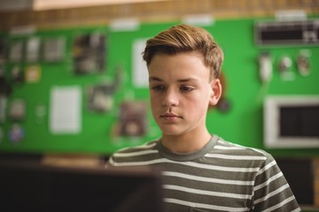 Schoolboy studying in computer classroom