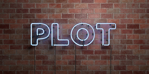 Obraz premium PLOT - fluorescent Neon tube Sign on brickwork - Front view - 3D rendered royalty free stock picture. Can be used for online banner ads and direct mailers..