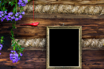 wooden photo frame on old wooden wall - 137930442