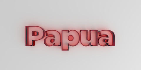 Papua - Red glass text on white background - 3D rendered royalty free stock image.