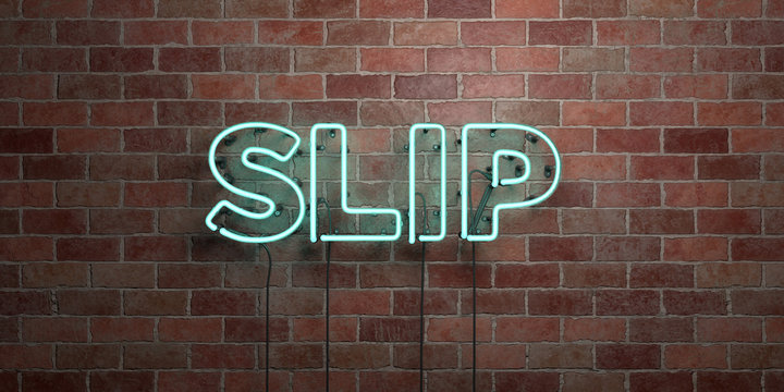 SLIP - fluorescent Neon tube Sign on brickwork - Front view - 3D rendered royalty free stock picture. Can be used for online banner ads and direct mailers..