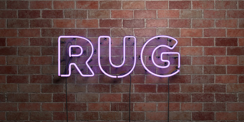 RUG - fluorescent Neon tube Sign on brickwork - Front view - 3D rendered royalty free stock picture. Can be used for online banner ads and direct mailers..