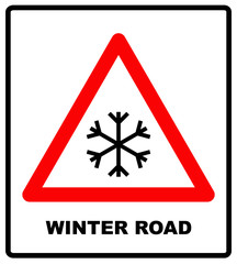 Snow warning sign, weathered with snowflaces. Vector illustration. red triangle symbol isolated on white. Winter road.