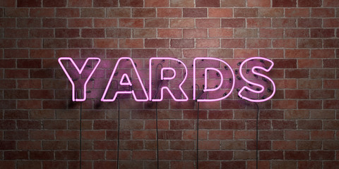 YARDS - fluorescent Neon tube Sign on brickwork - Front view - 3D rendered royalty free stock picture. Can be used for online banner ads and direct mailers..
