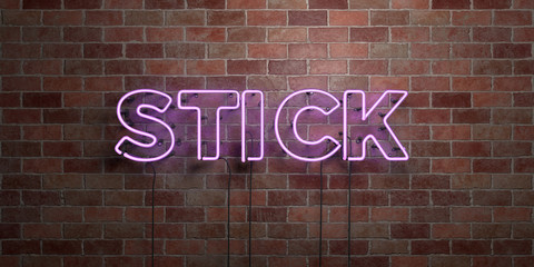 STICK - fluorescent Neon tube Sign on brickwork - Front view - 3D rendered royalty free stock picture. Can be used for online banner ads and direct mailers..