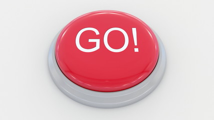 Big red button with go inscription. Conceptual 3D rendering
