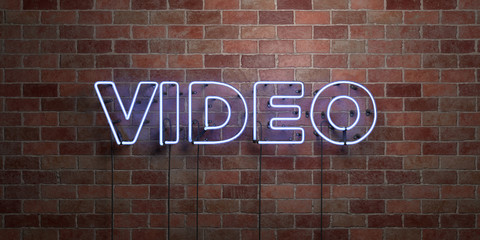 VIDEO - fluorescent Neon tube Sign on brickwork - Front view - 3D rendered royalty free stock picture. Can be used for online banner ads and direct mailers..