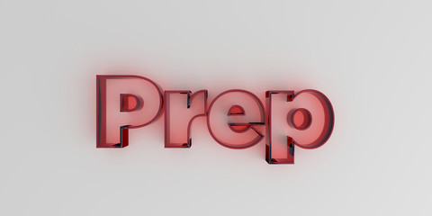 Prep - Red glass text on white background - 3D rendered royalty free stock image.