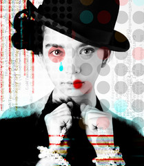 The poster of a beautiful girl in the image of a clown in a pop art style..