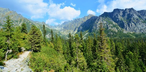 Fototapeta na wymiar Panorama of the High Tatra mountains with tourist stone path.