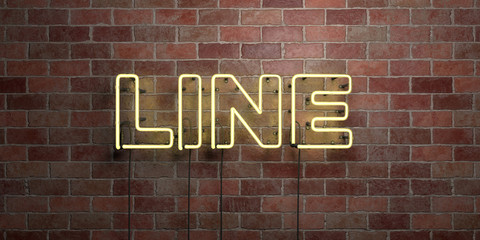 LINE - fluorescent Neon tube Sign on brickwork - Front view - 3D rendered royalty free stock picture. Can be used for online banner ads and direct mailers..