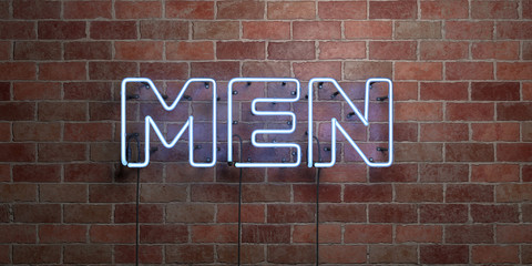 MEN - fluorescent Neon tube Sign on brickwork - Front view - 3D rendered royalty free stock picture. Can be used for online banner ads and direct mailers..