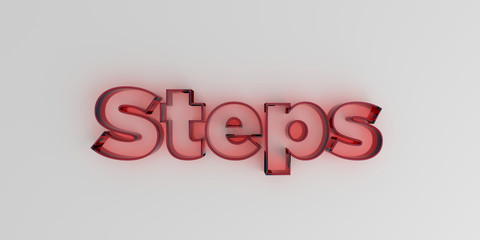 Steps - Red glass text on white background - 3D rendered royalty free stock image.