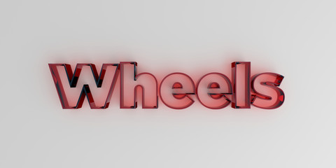 Wheels - Red glass text on white background - 3D rendered royalty free stock image.