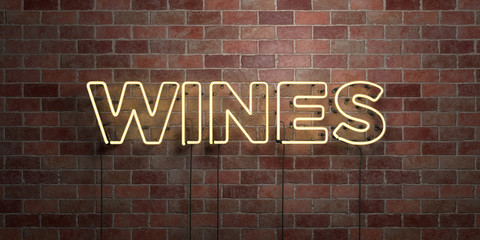 WINES - fluorescent Neon tube Sign on brickwork - Front view - 3D rendered royalty free stock picture. Can be used for online banner ads and direct mailers..