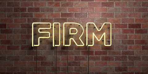 FIRM - fluorescent Neon tube Sign on brickwork - Front view - 3D rendered royalty free stock picture. Can be used for online banner ads and direct mailers..