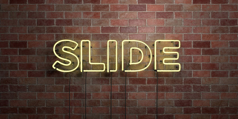 SLIDE - fluorescent Neon tube Sign on brickwork - Front view - 3D rendered royalty free stock picture. Can be used for online banner ads and direct mailers..