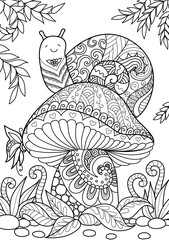 Snail sitting on beautiful mushroom for coloring book page and design element. Stock Vector