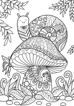 Snail sitting on beautiful mushroom for coloring book page and design element. Stock Vector