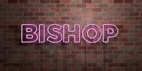 BISHOP - fluorescent Neon tube Sign on brickwork - Front view - 3D rendered royalty free stock picture. Can be used for online banner ads and direct mailers..