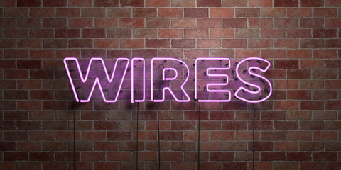 WIRES - fluorescent Neon tube Sign on brickwork - Front view - 3D rendered royalty free stock picture. Can be used for online banner ads and direct mailers..
