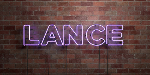 LANCE - fluorescent Neon tube Sign on brickwork - Front view - 3D rendered royalty free stock picture. Can be used for online banner ads and direct mailers..