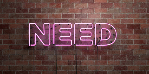 NEED - fluorescent Neon tube Sign on brickwork - Front view - 3D rendered royalty free stock picture. Can be used for online banner ads and direct mailers..