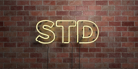 STD - fluorescent Neon tube Sign on brickwork - Front view - 3D rendered royalty free stock picture. Can be used for online banner ads and direct mailers..