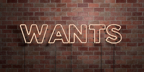 WANTS - fluorescent Neon tube Sign on brickwork - Front view - 3D rendered royalty free stock picture. Can be used for online banner ads and direct mailers..