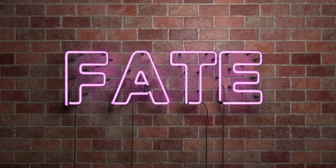 FATE - fluorescent Neon tube Sign on brickwork - Front view - 3D rendered royalty free stock picture. Can be used for online banner ads and direct mailers..