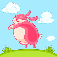 Smiling funny pink Bunny jumped out of the grass.