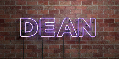 DEAN - fluorescent Neon tube Sign on brickwork - Front view - 3D rendered royalty free stock picture. Can be used for online banner ads and direct mailers..