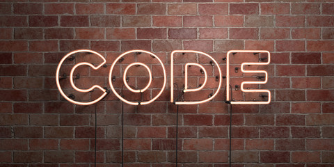 Fototapeta na wymiar CODE - fluorescent Neon tube Sign on brickwork - Front view - 3D rendered royalty free stock picture. Can be used for online banner ads and direct mailers..