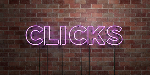 CLICKS - fluorescent Neon tube Sign on brickwork - Front view - 3D rendered royalty free stock picture. Can be used for online banner ads and direct mailers..