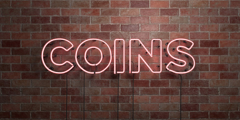 Fototapeta na wymiar COINS - fluorescent Neon tube Sign on brickwork - Front view - 3D rendered royalty free stock picture. Can be used for online banner ads and direct mailers..