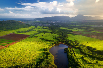 Beautiful view of spectacular jungles, field and meadows of Kauai island near Lihue town