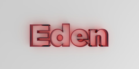 Eden - Red glass text on white background - 3D rendered royalty free stock image.
