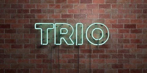 Fototapeta na wymiar TRIO - fluorescent Neon tube Sign on brickwork - Front view - 3D rendered royalty free stock picture. Can be used for online banner ads and direct mailers..
