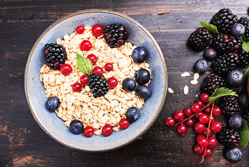 Healthy classic breakfast with granola and various fresh berries on a black surface  with free text space .