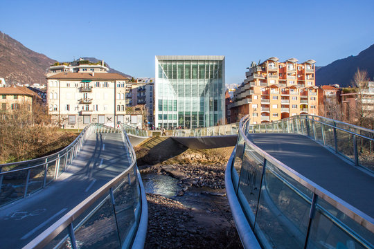 Pedestrian Bridge and Facade of MUSEION, the Museum of Modern and Contemporary Art of Bozen, in South Tyrol, Italy